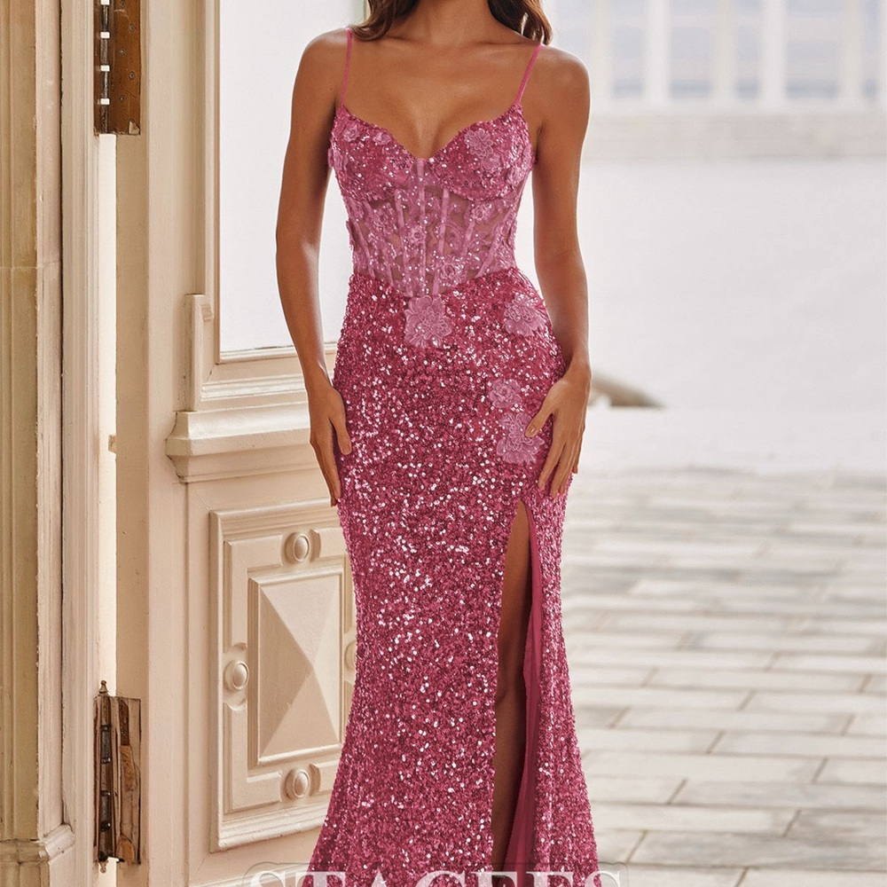 Fitted Applique Sequin Sleeveless Corset Slit Maxi Dress